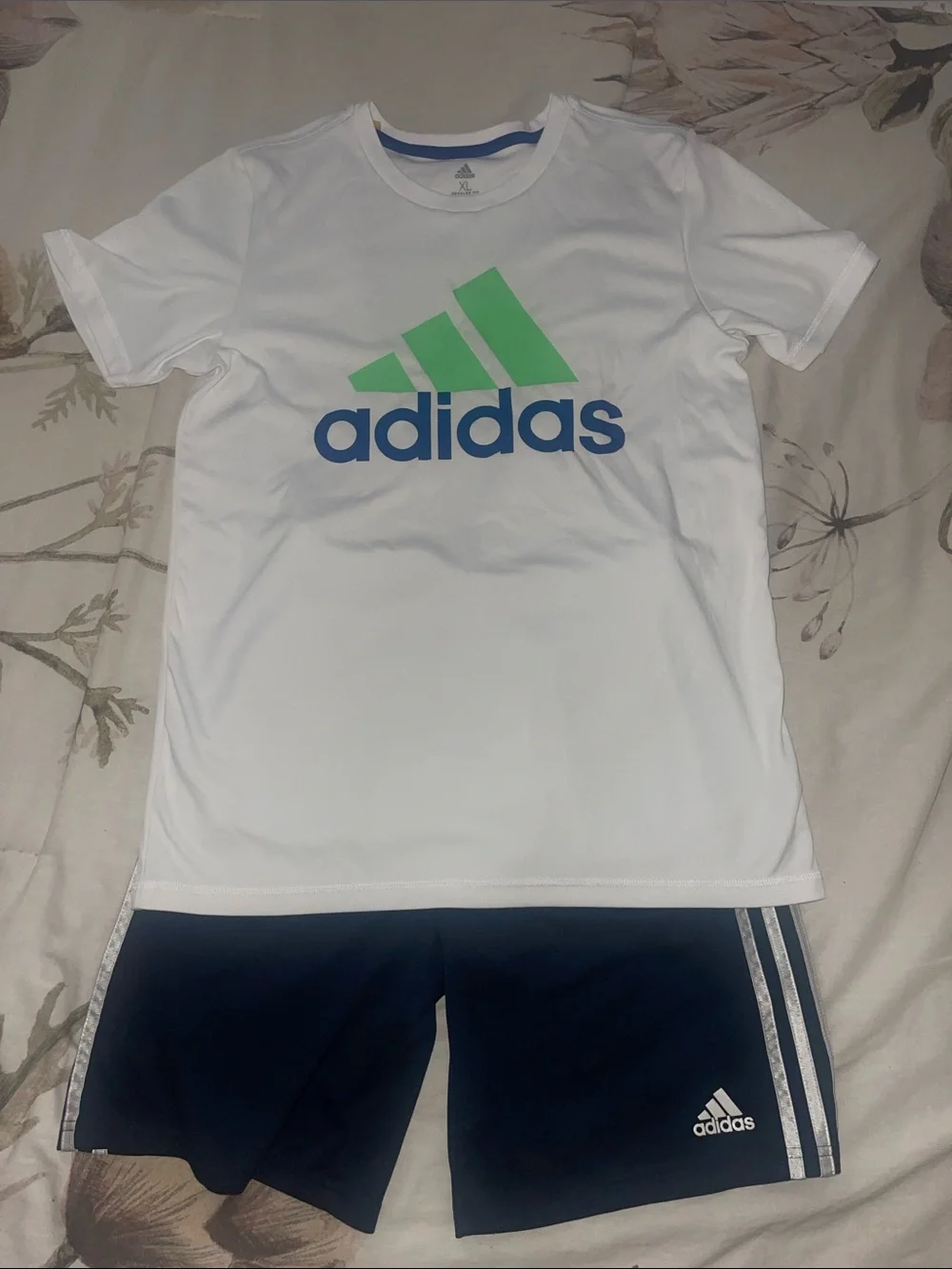 adidas White Tee with Neon Green Logo and Blue Wordmark